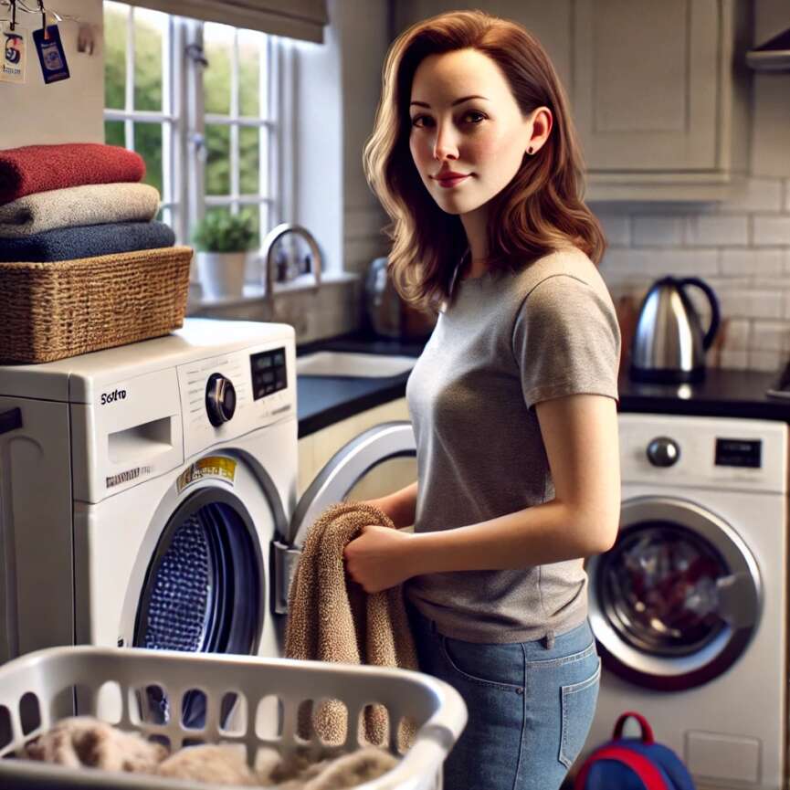 British mum using tumble dryer in a cosy UK kitchen while folding laundry and uniforms.