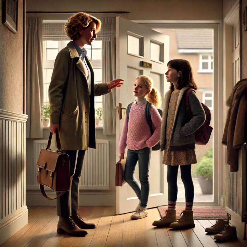 Calm British mum speaking gently to her tween daughters in a hallway before leaving the house.