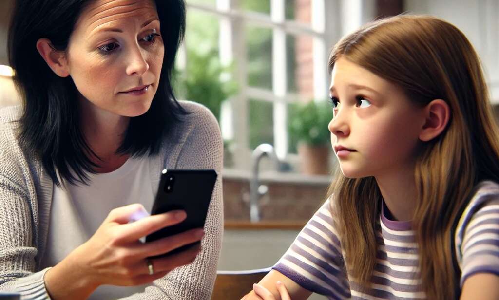 British mum discussing phone responsibilities with tween daughter at kitchen table.