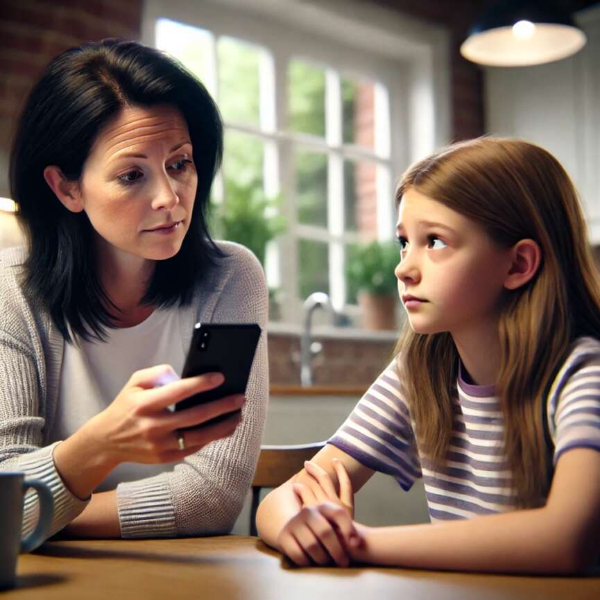 British mum discussing phone responsibilities with tween daughter at kitchen table.