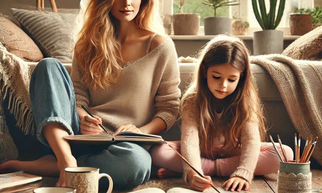 Home educating mum UK sitting with kids at home, relaxed, learning with books and tea in a cosy space