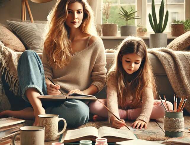 Home educating mum UK sitting with kids at home, relaxed, learning with books and tea in a cosy space