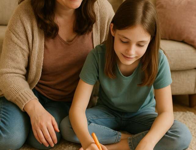 A smiling mum and daughter sitting on a soft rug, using a printed Calm Toolkit worksheet together with coloured pens and a cuddly toy nearby — calm family bonding moment