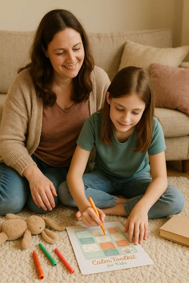A smiling mum and daughter sitting on a soft rug, using a printed Calm Toolkit worksheet together with coloured pens and a cuddly toy nearby — calm family bonding moment