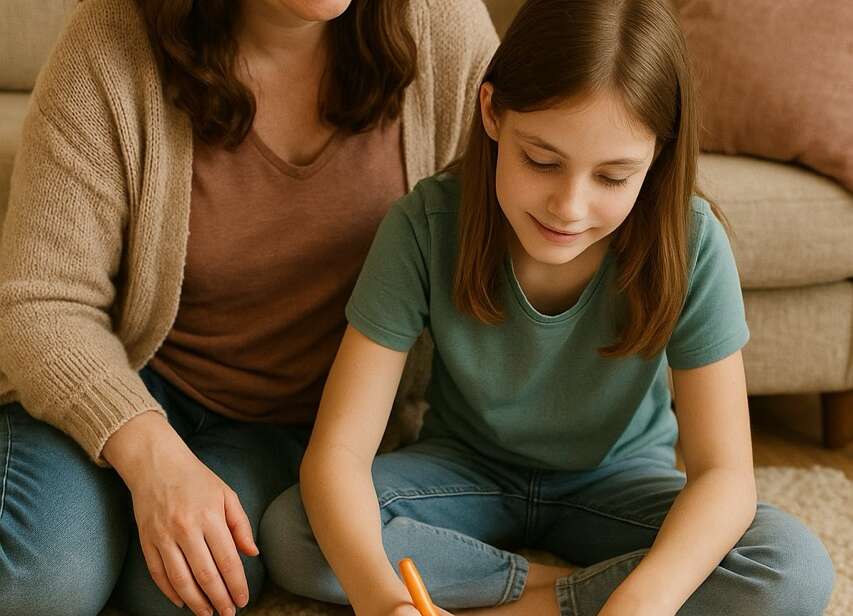 A smiling mum and daughter sitting on a soft rug, using a printed Calm Toolkit worksheet together with coloured pens and a cuddly toy nearby — calm family bonding moment
