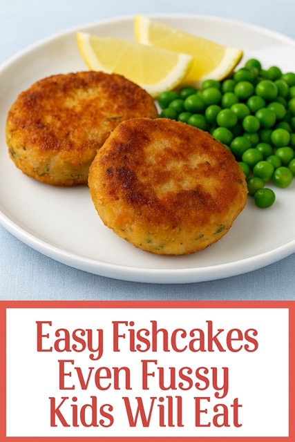 Easy fishcakes for kids with peas and lemon slices