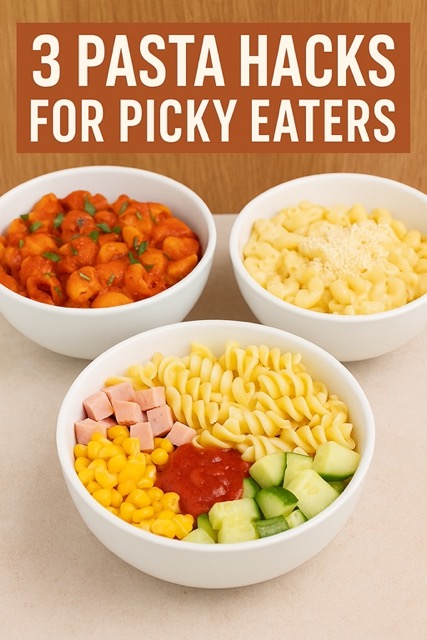 3 pasta hacks for picky eaters including tomato pasta, creamy mac and cheese, and custom pasta bowl
