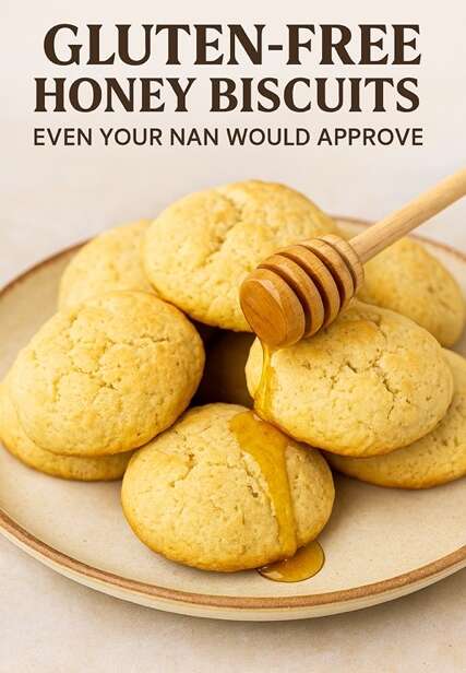 Gluten-free honey biscuits on a plate with honey drizzled on top