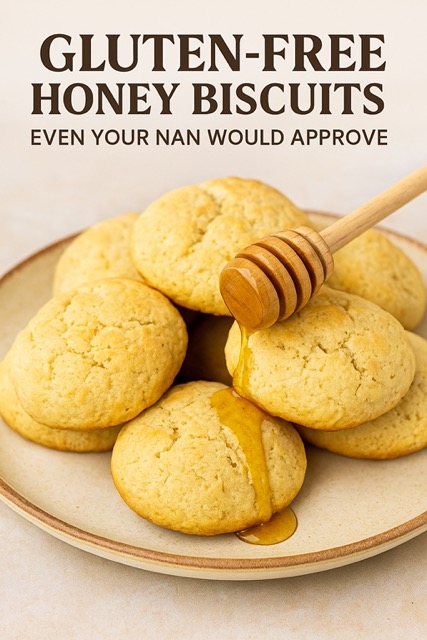 Gluten-free honey biscuits on a plate with honey drizzled on top