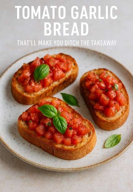 Four slices of tomato garlic bread on a plate with basil garnish