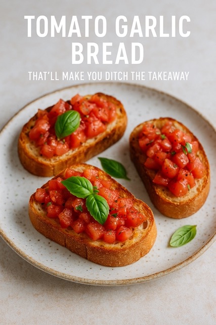 Four slices of tomato garlic bread on a plate with basil garnish
