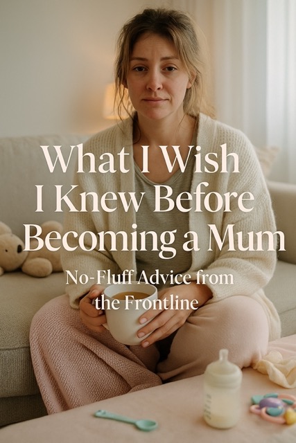 Young mother looking overwhelmed holding baby with text overlay saying what I wish I knew before becoming a mum