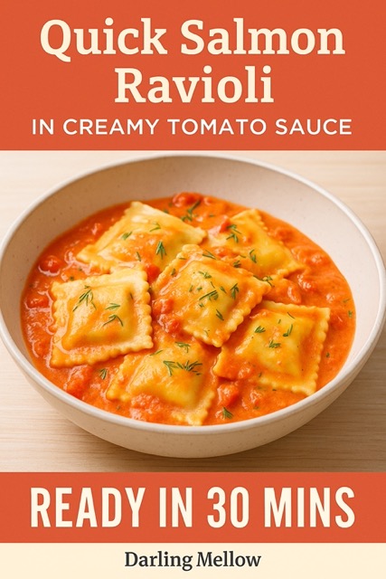 Quick salmon ravioli in creamy tomato sauce