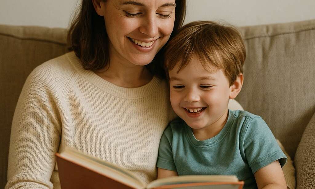 A British mum cuddling her child on the sofa while reading a picture book together — calm, supportive atmosphere with warm natural lighting