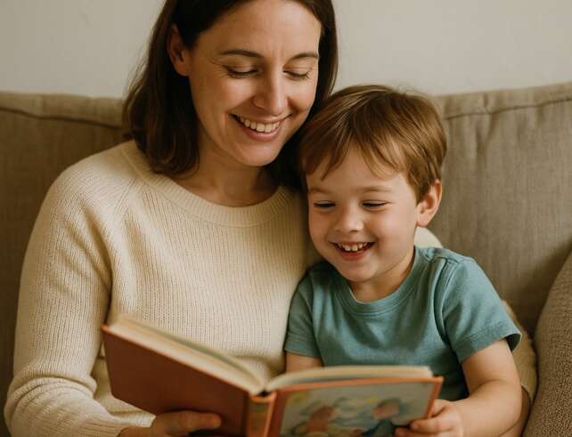 A British mum cuddling her child on the sofa while reading a picture book together — calm, supportive atmosphere with warm natural lighting