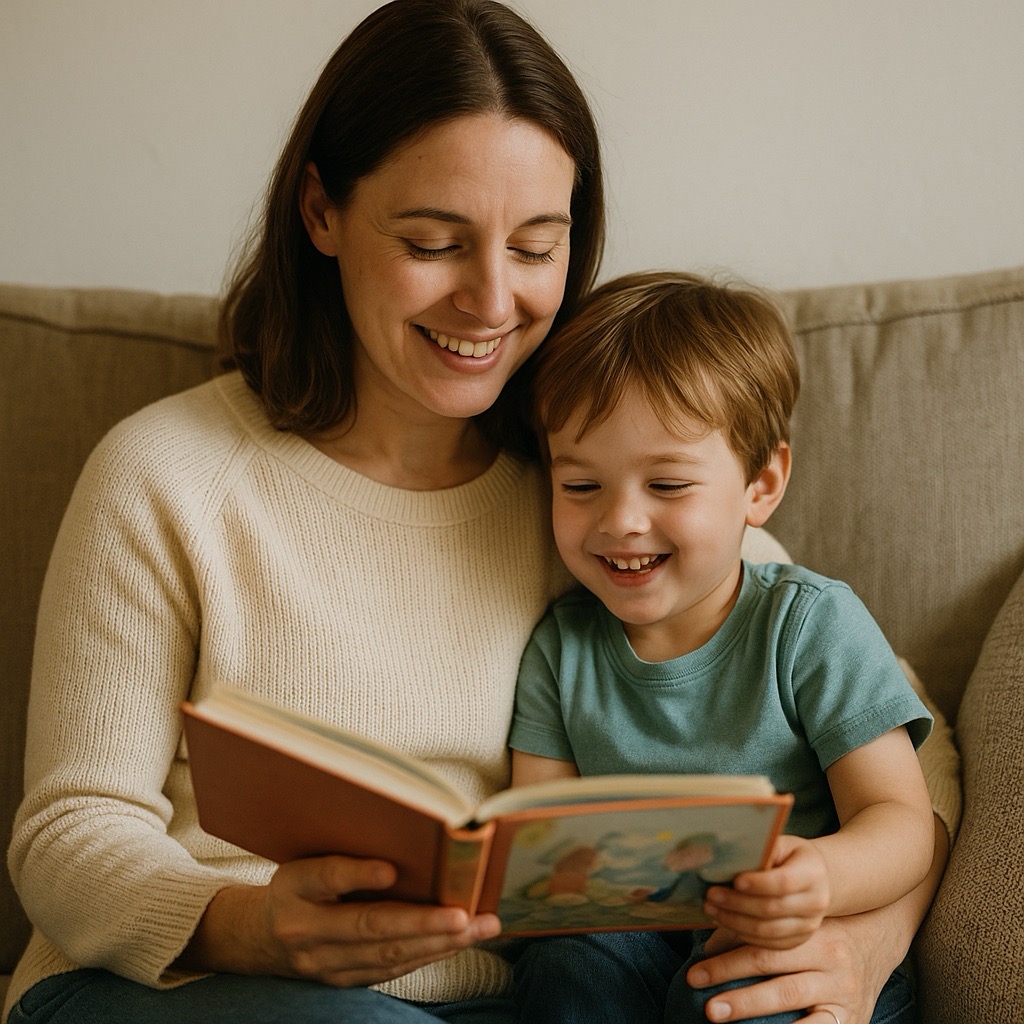 A British mum cuddling her child on the sofa while reading a picture book together — calm, supportive atmosphere with warm natural lighting