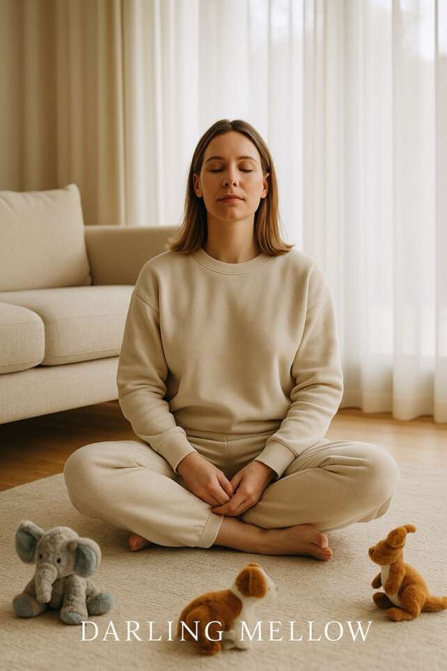 A calm mum sits cross-legged in a peaceful, toy-filled living room, eyes closed and relaxed, representing overstimulation recovery and peace in motherhood.