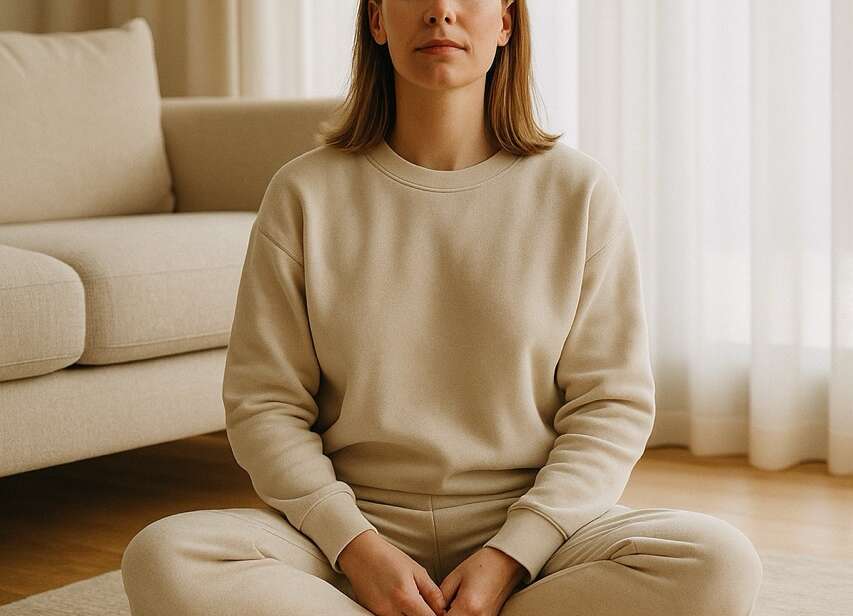 A calm mum sits cross-legged in a peaceful, toy-filled living room, eyes closed and relaxed, representing overstimulation recovery and peace in motherhood.