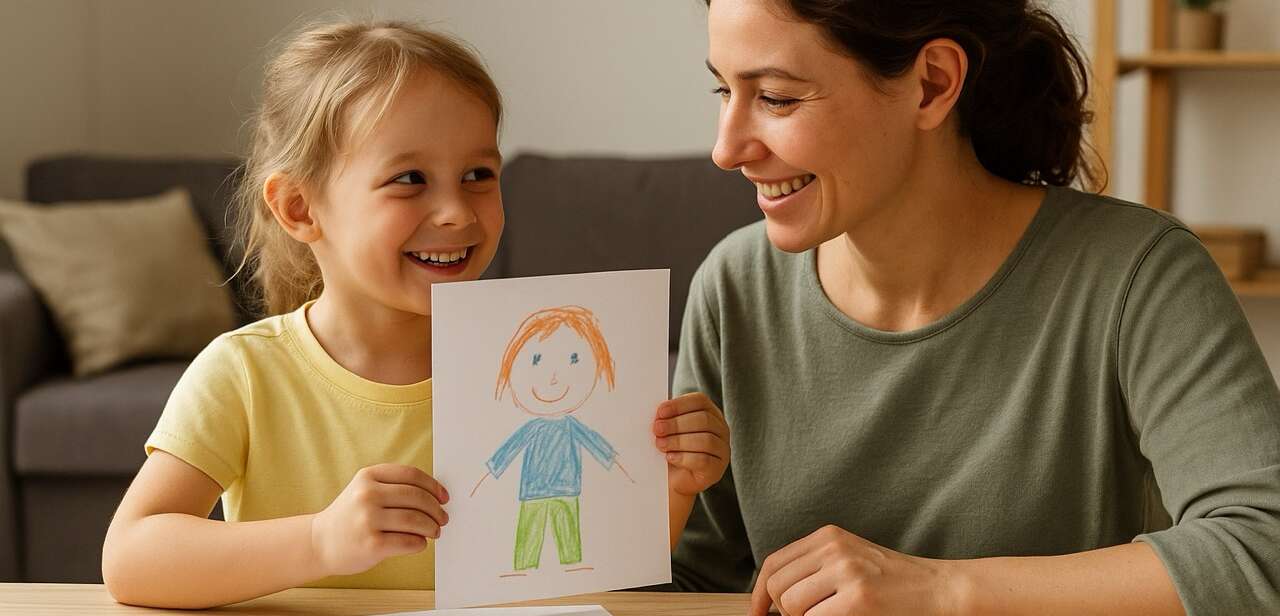 A smiling young girl proudly showing her crayon drawing to her mum at a wooden table, surrounded by colourful pencils in a bright, happy home setting