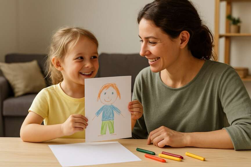 A smiling young girl proudly showing her crayon drawing to her mum at a wooden table, surrounded by colourful pencils in a bright, happy home setting