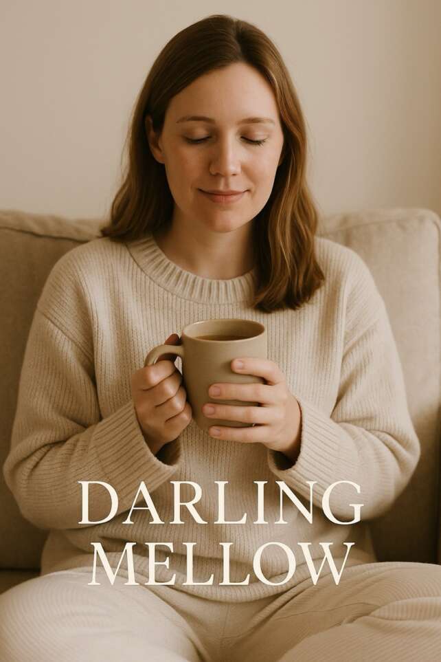 A calm, light-skinned woman in a cosy cream sweater sits peacefully on a beige sofa, holding a warm mug with both hands. The words “DARLING MELLOW” appear at the bottom in elegant serif font.