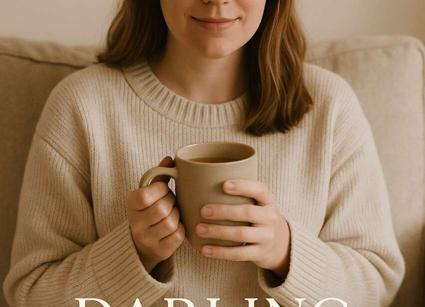 A calm, light-skinned woman in a cosy cream sweater sits peacefully on a beige sofa, holding a warm mug with both hands. The words “DARLING MELLOW” appear at the bottom in elegant serif font.