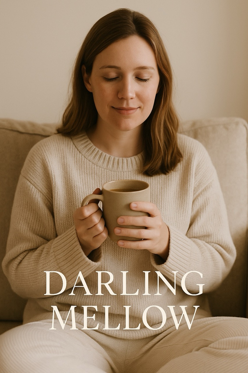 A calm, light-skinned woman in a cosy cream sweater sits peacefully on a beige sofa, holding a warm mug with both hands. The words “DARLING MELLOW” appear at the bottom in elegant serif font.