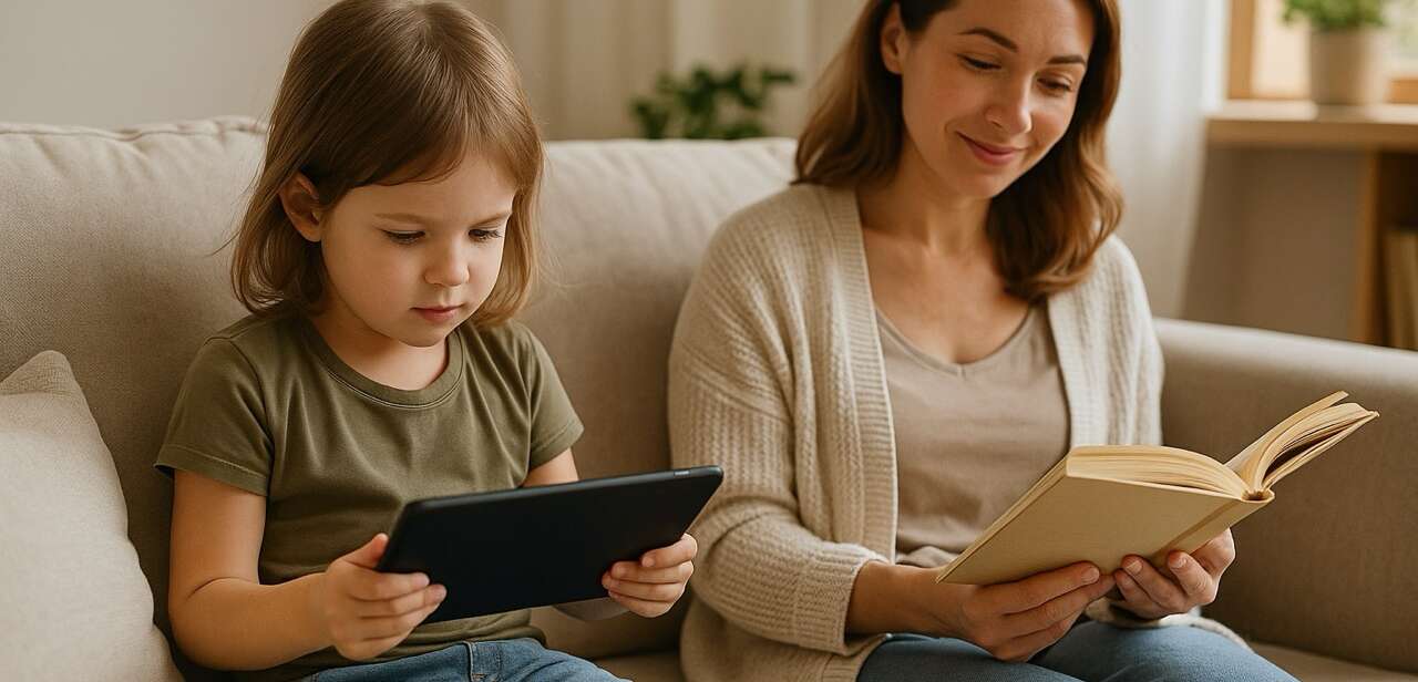 Child using tablet while parent reads — balanced screen time at home