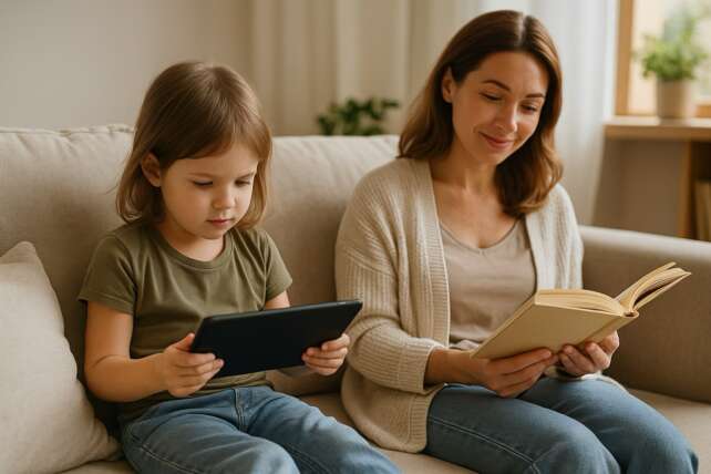 Child using tablet while parent reads — balanced screen time at home