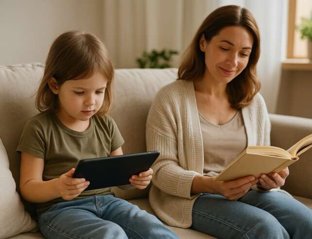 Child using tablet while parent reads — balanced screen time at home
