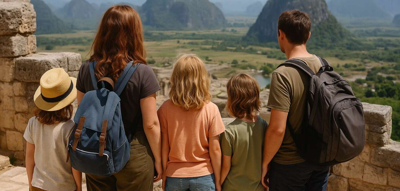 Family of four worldschooling, overlooking a scenic mountain landscape with lake and valley in the distance.