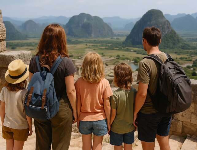 Family of four worldschooling, overlooking a scenic mountain landscape with lake and valley in the distance.