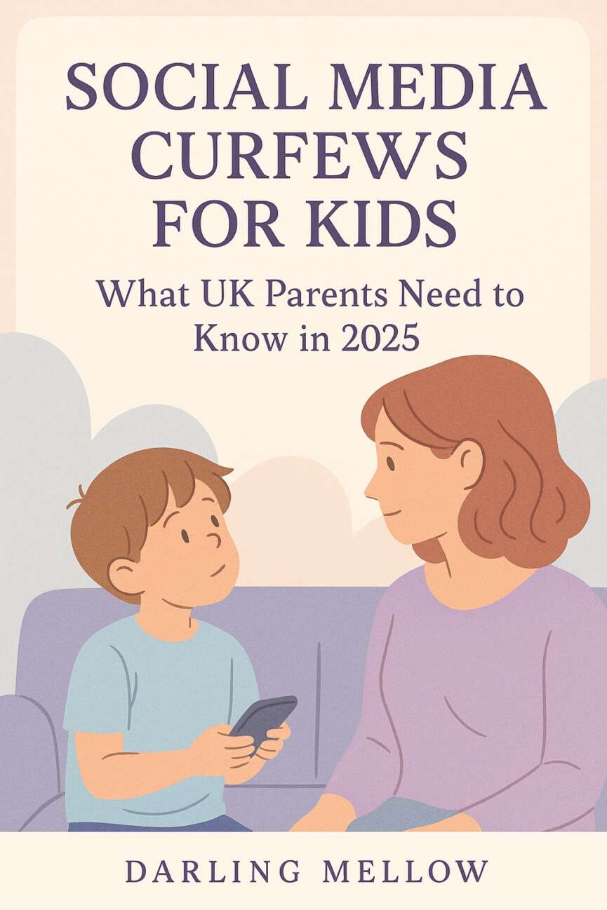 A soft-toned digital illustration showing a parent gently closing a laptop while a child sits nearby in cosy evening light. The image features the blog title “Social Media Curfews for Kids” and Darling Mellow branding at the bottom.