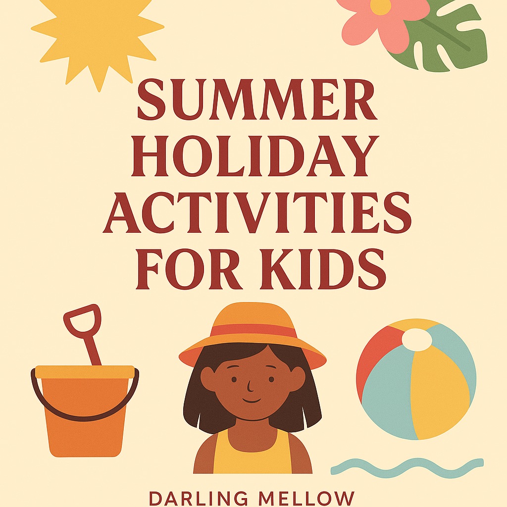 A flat digital illustration with soft summery colours showing a mum and two children enjoying outdoor play in a peaceful garden. The blog title “Surviving the UK Summer School Break” appears above in Darling Mellow's style.