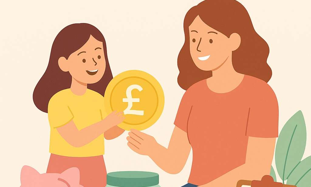 A flat digital illustration showing a smiling child holding a piggy bank under a sunny summer sky. The background features playful summer elements like ice lollies, sunglasses, and a rainbow coin jar. The text reads “Summer Saver Strategies for Kids” above the Darling Mellow branding.