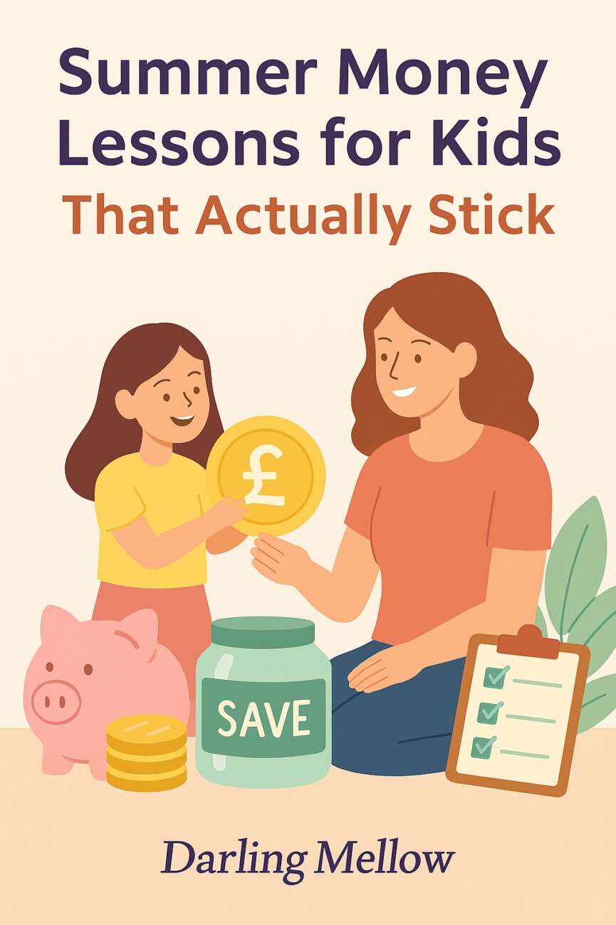 A flat digital illustration showing a smiling child holding a piggy bank under a sunny summer sky. The background features playful summer elements like ice lollies, sunglasses, and a rainbow coin jar. The text reads “Summer Saver Strategies for Kids” above the Darling Mellow branding.
