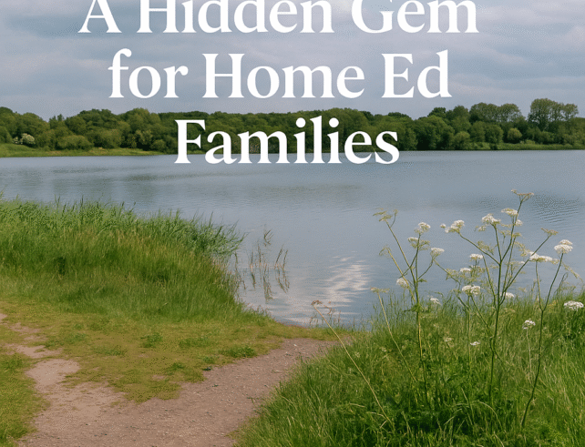 A scenic photograph of Pennington Flash Country Park with overlay text promoting a family day out, part of a home education blog on Darling Mellow