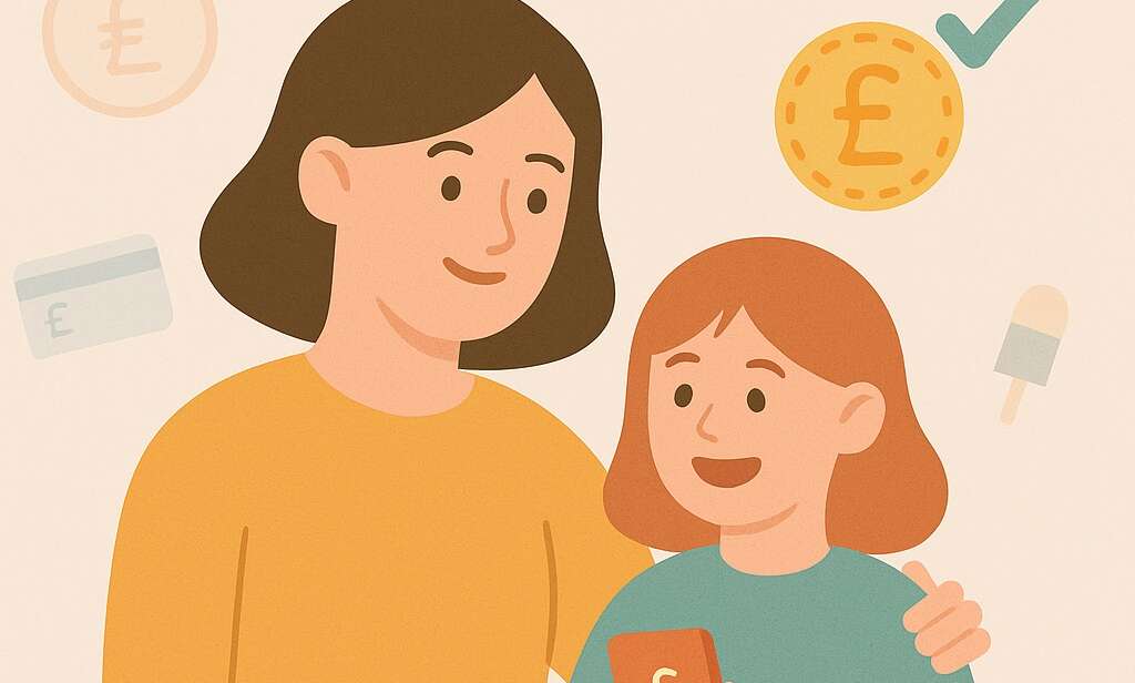 A flat digital illustration showing two children holding phones with glowing coins on the screen. The background includes icons for saving, spending, and sharing money. The blog title “Should Kids Have a Pocket Money App?” is clearly displayed with Darling Mellow branding.