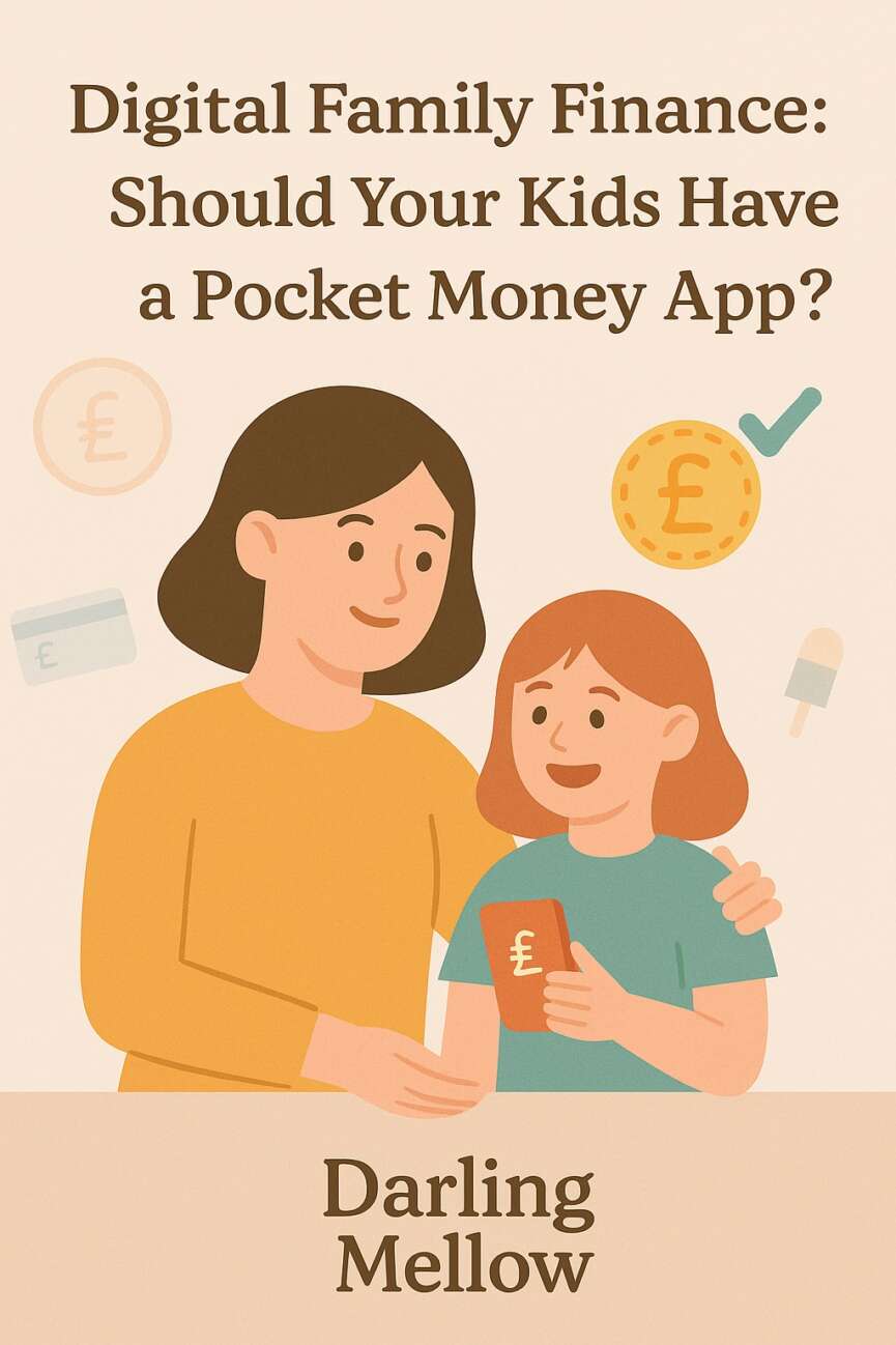A flat digital illustration showing two children holding phones with glowing coins on the screen. The background includes icons for saving, spending, and sharing money. The blog title “Should Kids Have a Pocket Money App?” is clearly displayed with Darling Mellow branding.