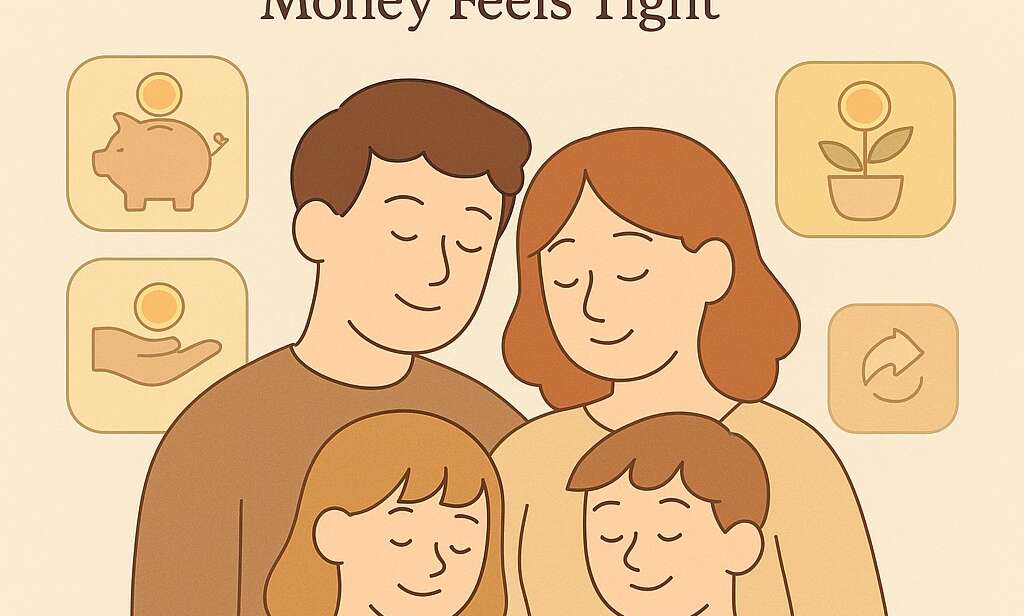 A flat-style digital illustration showing a parent and child sitting at a kitchen table with bills, coins, and a savings jar. The title “How to Talk to Kids About Debt” appears above them with soft branding for Darling Mellow.