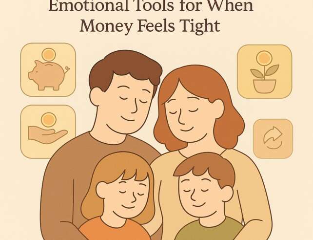 A flat-style digital illustration showing a parent and child sitting at a kitchen table with bills, coins, and a savings jar. The title “How to Talk to Kids About Debt” appears above them with soft branding for Darling Mellow.