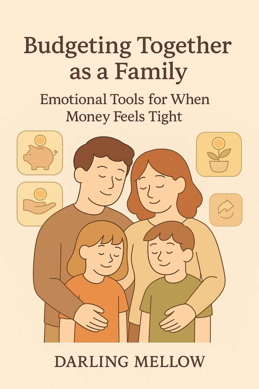 A flat-style digital illustration showing a parent and child sitting at a kitchen table with bills, coins, and a savings jar. The title “How to Talk to Kids About Debt” appears above them with soft branding for Darling Mellow.
