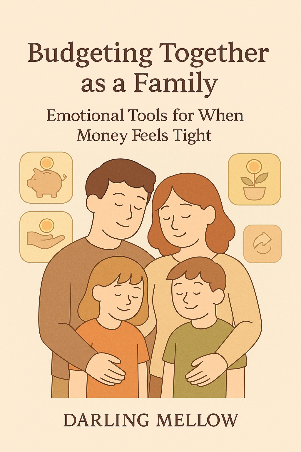 A flat-style digital illustration showing a parent and child sitting at a kitchen table with bills, coins, and a savings jar. The title “How to Talk to Kids About Debt” appears above them with soft branding for Darling Mellow.