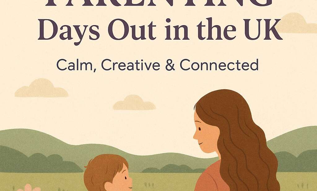 Illustration of a gentle parenting moment outdoors – a mum and child sitting peacefully in a meadow with wildflowers and hills in the background, representing calm and connection.