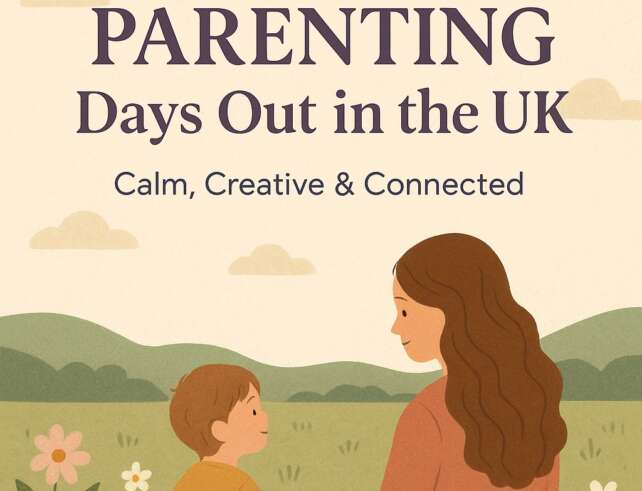 Illustration of a gentle parenting moment outdoors – a mum and child sitting peacefully in a meadow with wildflowers and hills in the background, representing calm and connection.