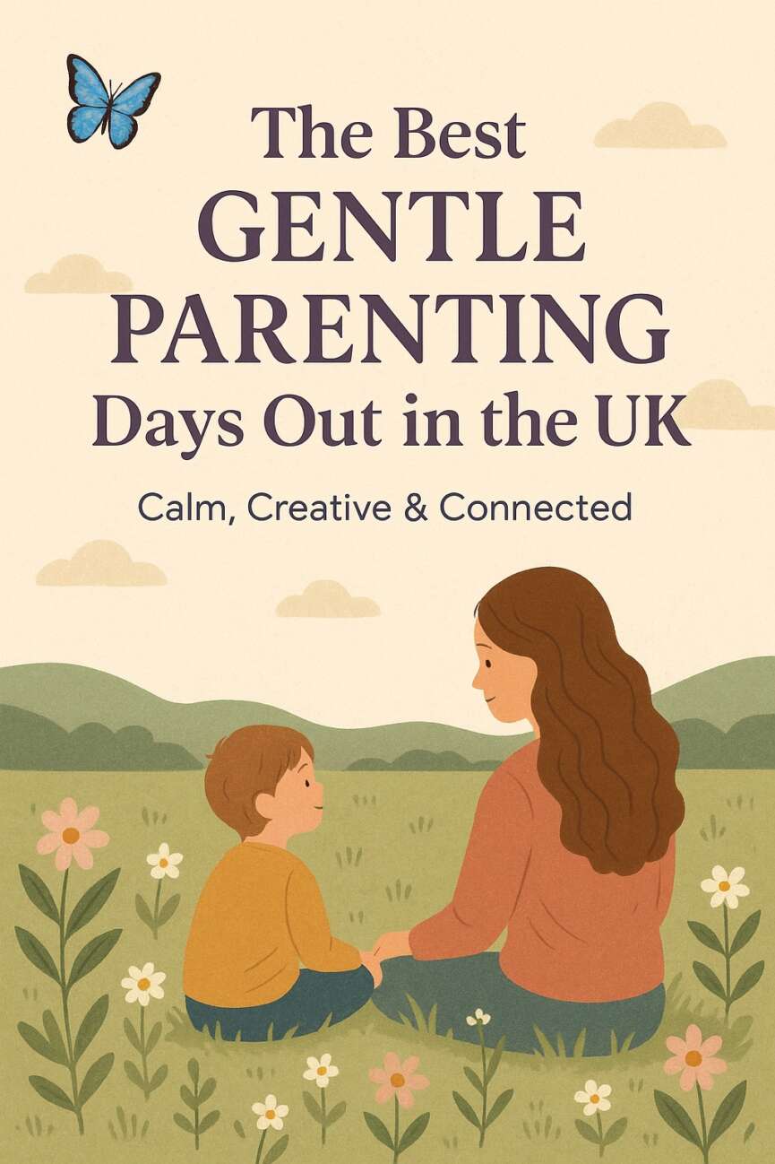 Illustration of a gentle parenting moment outdoors – a mum and child sitting peacefully in a meadow with wildflowers and hills in the background, representing calm and connection.