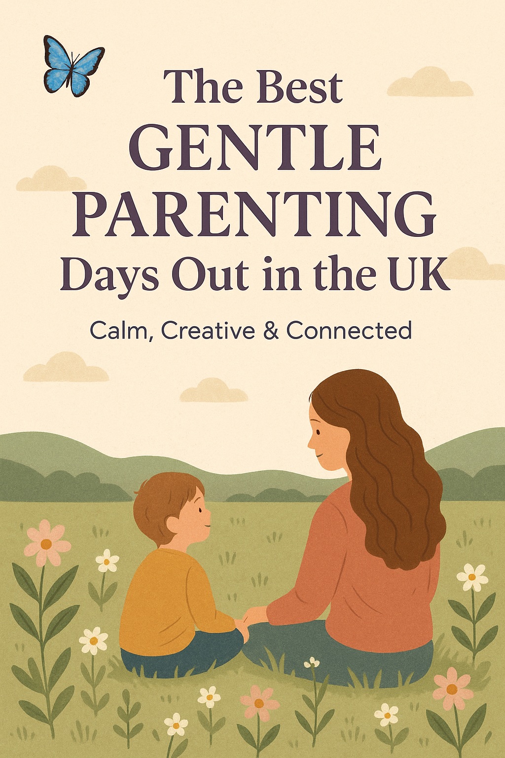 Illustration of a gentle parenting moment outdoors – a mum and child sitting peacefully in a meadow with wildflowers and hills in the background, representing calm and connection.