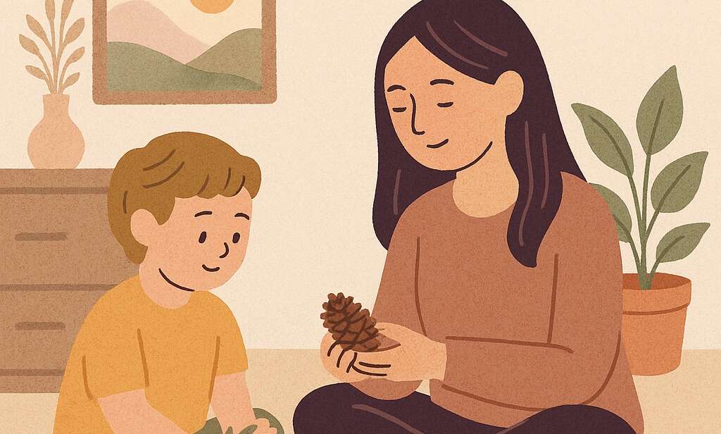 Illustration of a gentle home education scene indoors with a mum and child exploring pinecones and leaves together. Soft colours and nature elements create a calm, connected atmosphere.