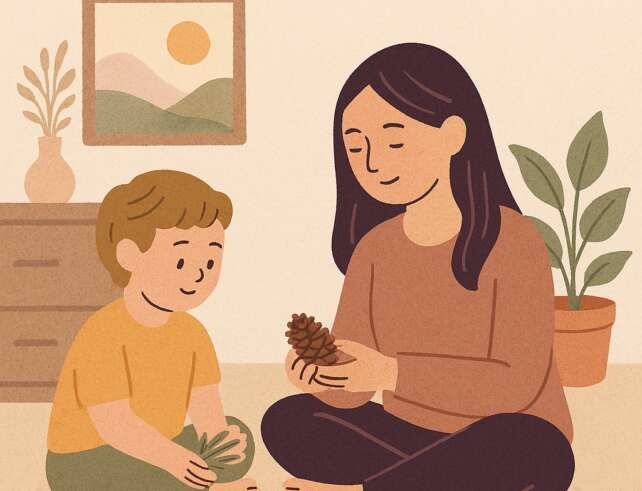 Illustration of a gentle home education scene indoors with a mum and child exploring pinecones and leaves together. Soft colours and nature elements create a calm, connected atmosphere.