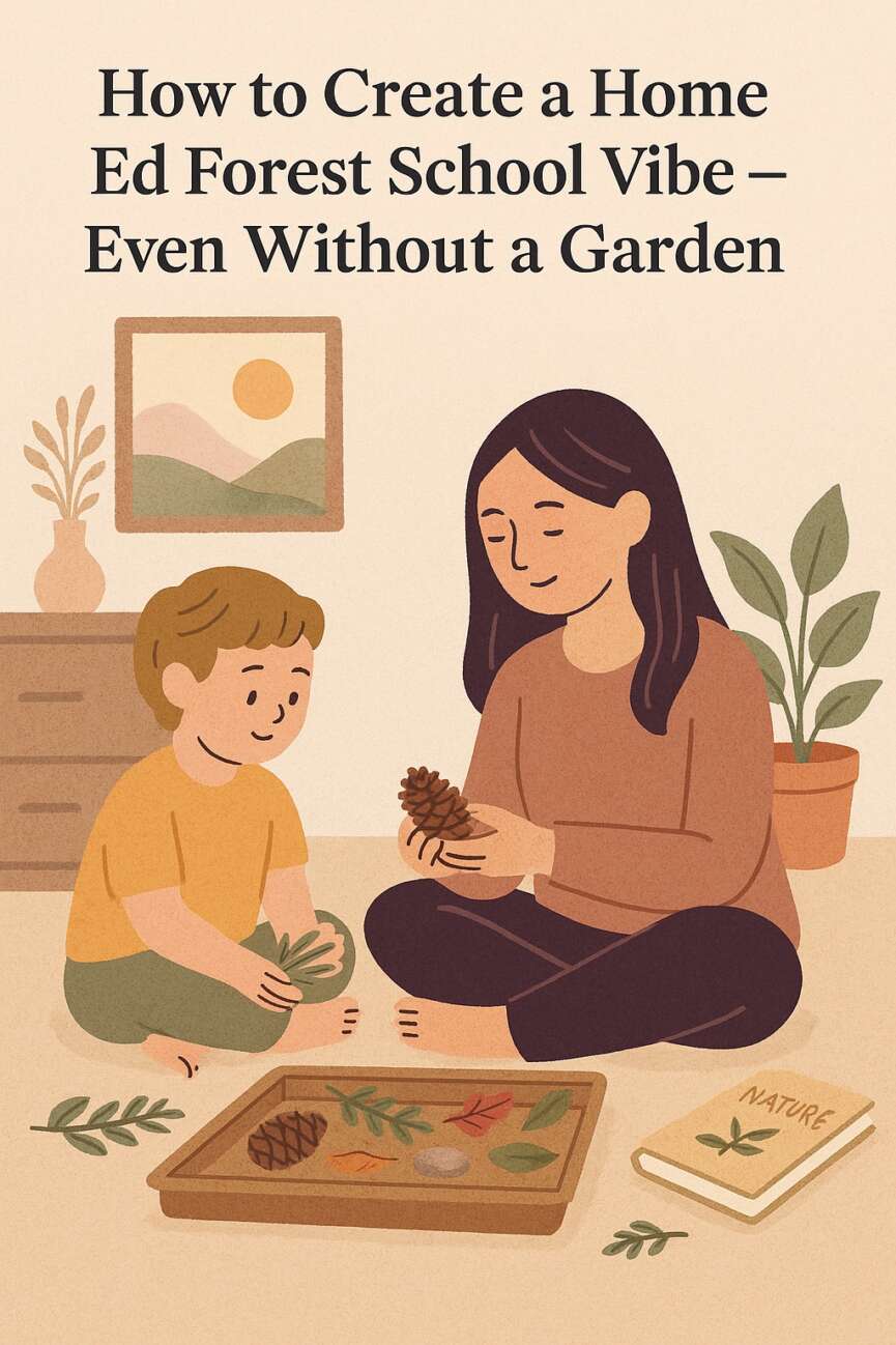 Illustration of a gentle home education scene indoors with a mum and child exploring pinecones and leaves together. Soft colours and nature elements create a calm, connected atmosphere.